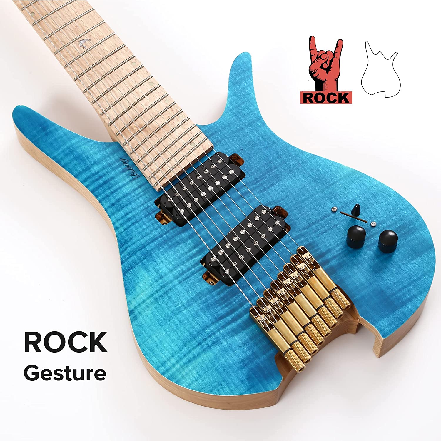 Batking 8 String Fanned Fret Headless Electric Travel Guitar with Multiscale Birdeyes Fingerboard Of Luminous Inlay(HF12)