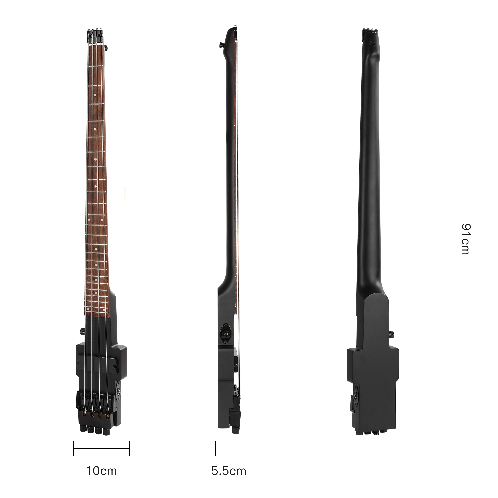 Travel Bass Guitar Electric Headless Bass 4 Strings Electric Bass with Gigbag Wire Truss Road in Black(TBH01)