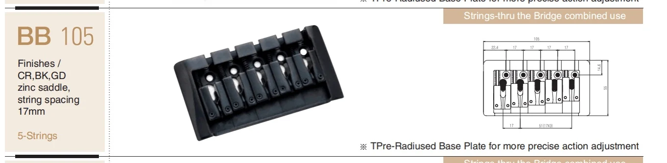 5 String Bass Bridge BB 105 w Zinc Saddles 17mm string spacing