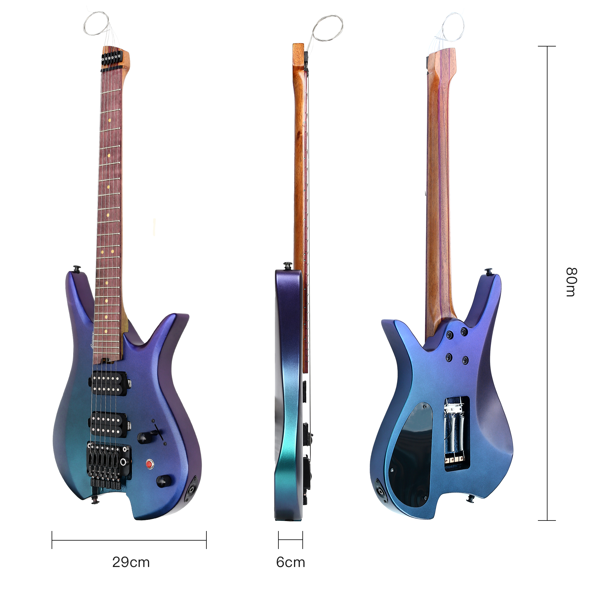 Electric Travel Headless Guitar 6 String Double Locking Tremolo Chameleon Finish with Gigbag(TCH02)